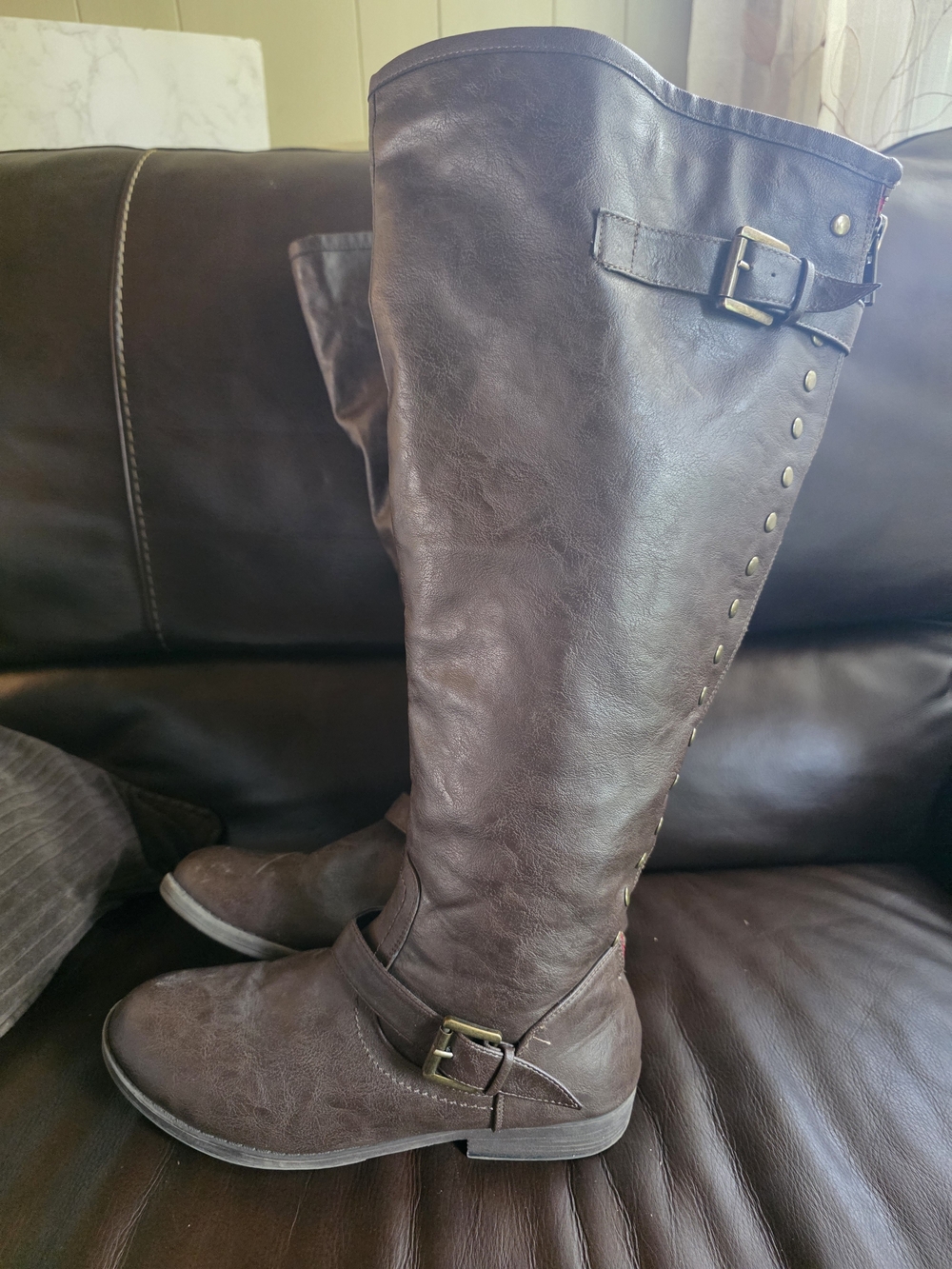 Women’s Tall Boots - Brown Faux Leather Studded Size 11
